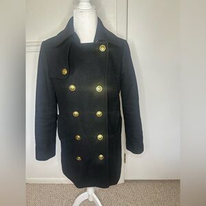 J. Crew Black Pea Coat with Gold Buttons size Petite 6